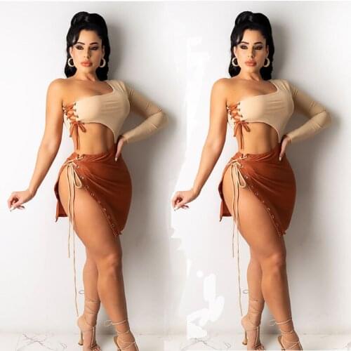 ZKYZWX Women 2021 Short Skirt Suit Club Outfits One Strapless Bandage Crop Top Bodycon Mini Dress Sexy Summer Matching Sets