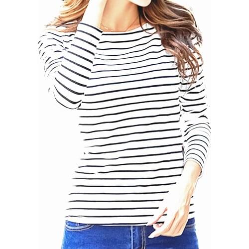 2021 Women Casual Cotton Stretchy Long Sleeve Tee Spring Autumun Tops Plus Size S-5XL Casual Basic Striped T-Shirt