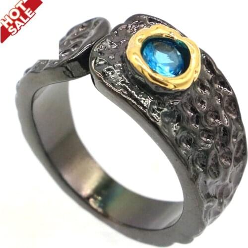 7x7mm Neo-Gothic Created Paris Blue Topaz Pink Kunzite For Ladies Street Jewelry Cool Black Metal Silver Rings