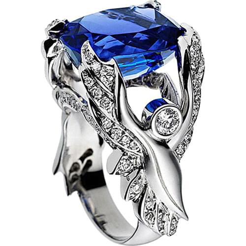 Fashion angel wings blue crystal sapphire gemstones diamonds rings for women men white gold silver color jewelry bague accessory