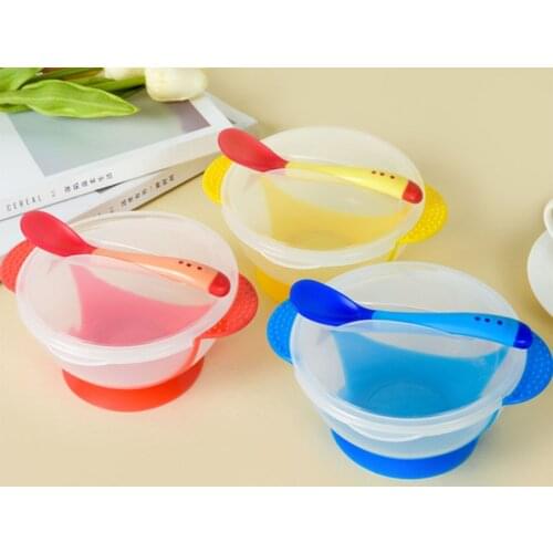 Baby sucker bowl Learning Dishes With Suction Cup Kid Safety Dinnerware Set Assist Bowl Temperature Sensing Spoon Fork Tableware