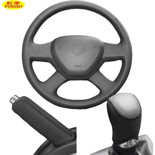 PONSNY Car Steering/Gear/Handbrake Genuine Leather Covers Case for Skoda Octavia 2014 Auto Hand-stitched Cover