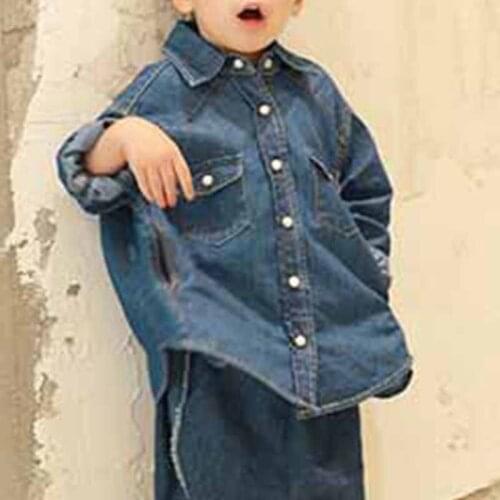 Version of childrens autumn fashion new tops, personality trendy fan front and rear buttons, washed denim parent-child shirt