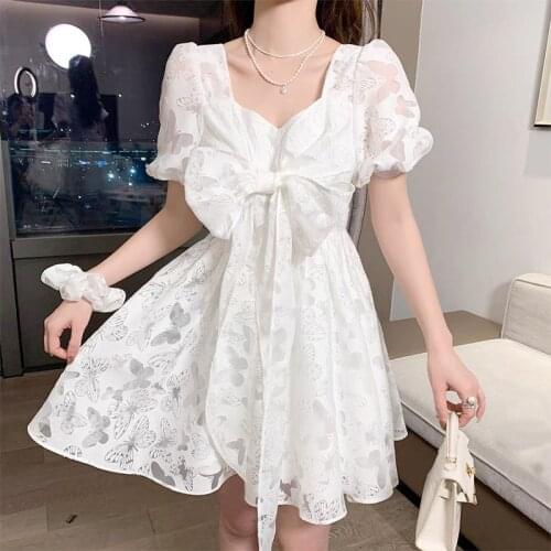 French Vintage Mini Dress Women Casual Fariy Bow Lace Elegant One Piece Dress Korean Evening Party Dress Female 2021 Summer Lace