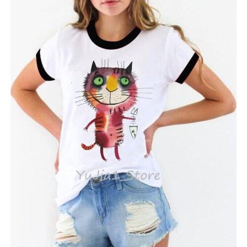 Cat and fish print Funny t shirts women cute top female harajuku kawaii kitten white t-shirt femme streetwear 90s custom t shirt