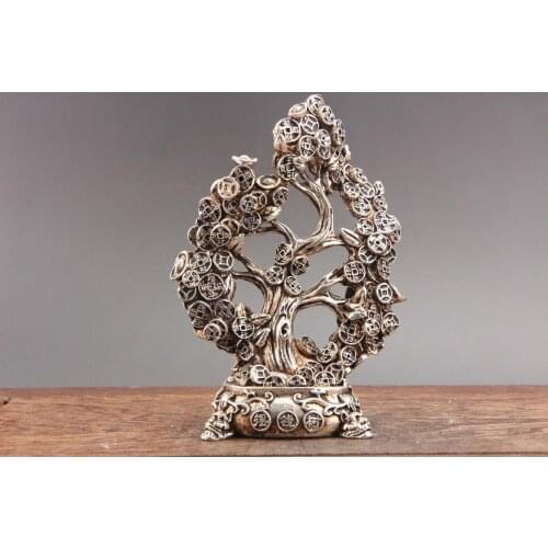 Exquisite Chinese hand carved Tibetan silver statue of coins tree (Yao Qian Shu)