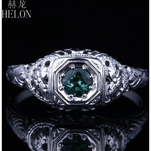 HELON Solid 10k White Gold Round 4mm Verdant Green tourmaline Engagement Wedding Ring Women Art Deco Vintage Fine Jewelry Ring