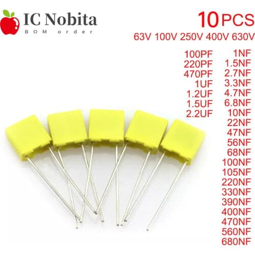 63V 100V 250V 400V 630V Polypropylene Safety Plastic Film 1NF~680NF 10NF 22NF 47NF 100NF 220NF 1.2UF 100PF Correction Capacitor