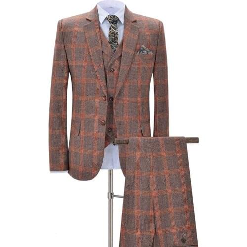 2020 New Orange Mens Plaid Suits 3 Pieces Formal Notch Lapel Business Tuxedos Groomsmen For Wedding(Blazer+vest+Pants)