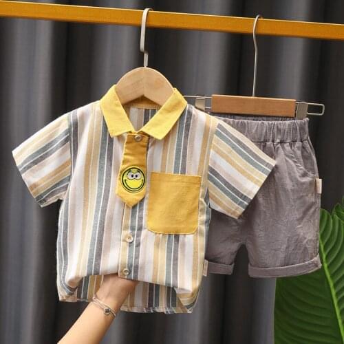 New Summer Children Clothes Baby Boys Girl Cartoon Print Strips Shirts Shorts 2Pcs/sets Infant Kids Trend Toddler Tracksuits