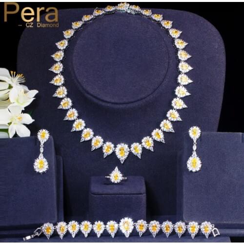 Pera Gorgeous Shiny Yellow CZ Water Drop Earrings Necklace Ring Bracelet Wedding 4 Pcs Jewelry Set for Women Bridal Party J355