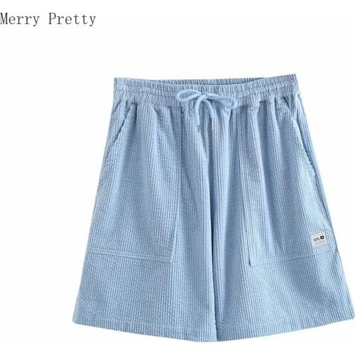 Blue Letter Appliques High Waist Casual Women Shorts 2021 Summer Preppy Style Korean Fashion Ladies Basic Pockets Bottoms