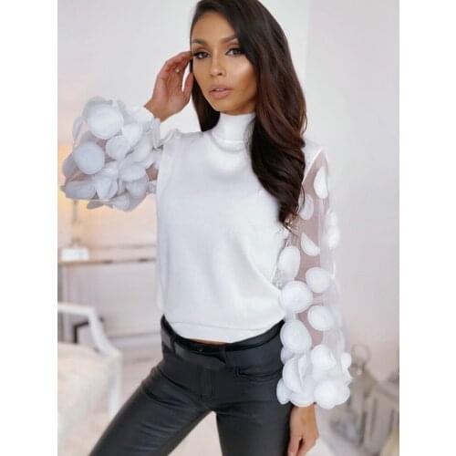 Sexy White High Neck Mesh Puff Sleeve Slim Top Flannel Polyester Fabric Stitching Pattern Womens Tops Vintage Streetwear