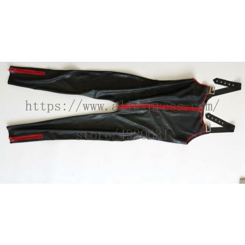 Made of 100% real latex suspenders Fetish catsuit attached feet zipper & front zip to back waist with red trims decoration