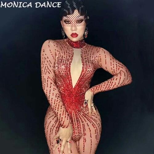 Sexy Stage Red Rhinestones Rompers Costume Bling Dj Jumpsuit Womens Outfit Bodysuit Birthday Celebrate Wear Female Singer Wear