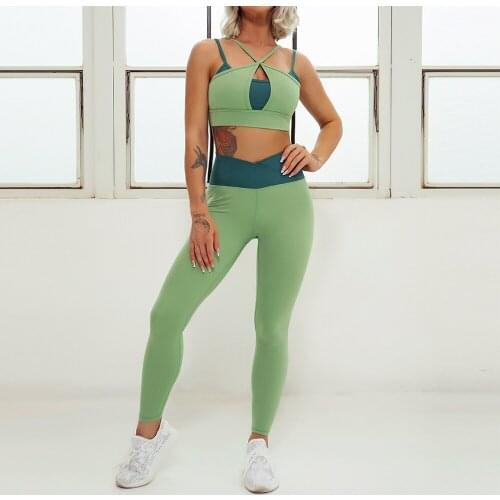 2PCS Patchwork Fitness Women Yoga Suit High Stretchy Workout Sport Set Padded Sports Bra High Waist Sports Legging Gym Clothes