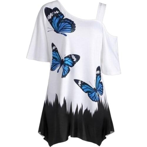 80%HOT Plus Size Women Butterfly Print T-shirt Cold Shoulder Short Sleeve Tunic Tee Top
