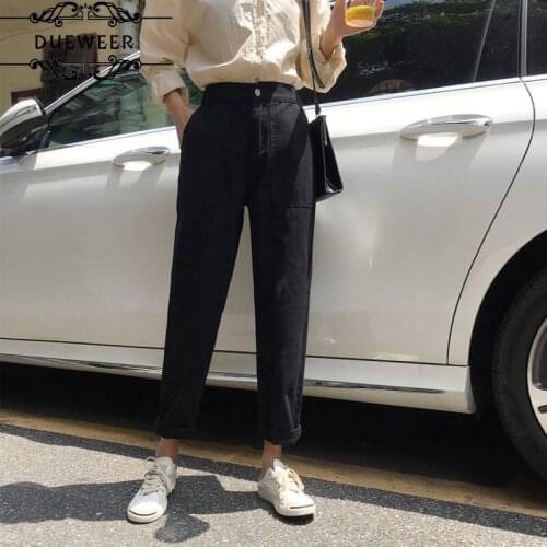 Dueweer Women Harem Straight Jeans Ankle-length Trousers High Waist Large Loose Pocket Casual All-match Trendy Chic Elastic