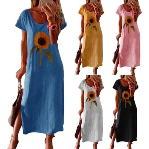Elegant Sunflower Butterfly Print Long Dress Summer Women O Neck Short Sleeve Party Dress Retro Female Slit Maxi Dress Vestidos