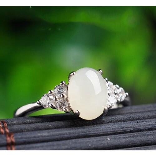 925 Inlaid White Jade Sterling Silver Opening Female Ring With Certificate Natural Jade Jewelry Hetian Jade Ring