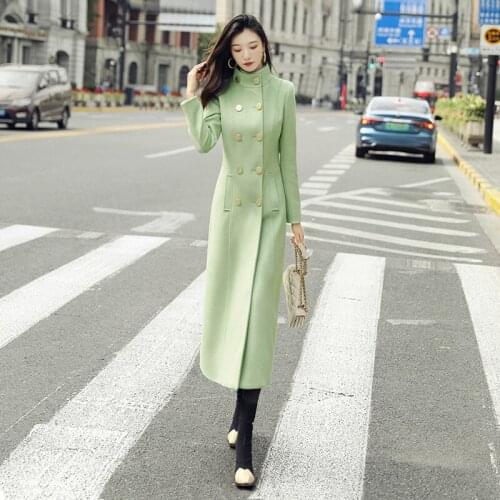 Wool coat womens middle long knee 2021 winter new stand collar waist Hepburn avocado green coat
