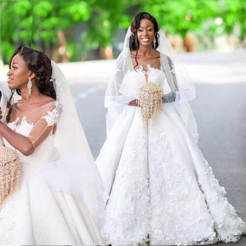 Ball Gown Scoop Lace Satin Appliques Custom Made Long Sleeves Wedding Gown Bridal Bride Dresses