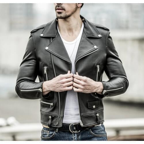 Free shipping.brand new black mens sheepskin jacket.biker soft genuine leather coat.fashion plus size style leather cloth