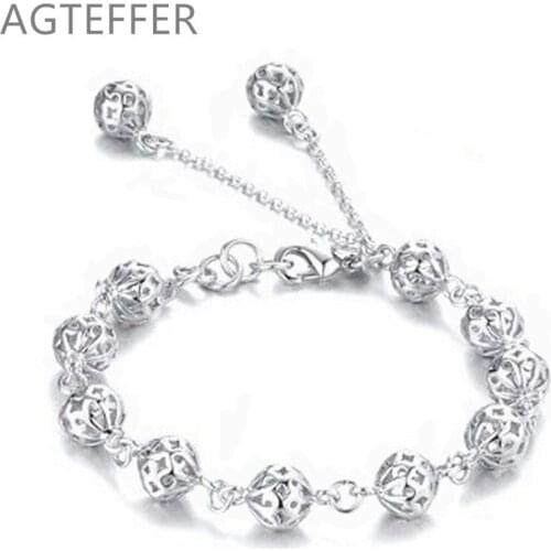 AGTEFFER 925 Sterling Silver 8mm Hollow Ball Bracelet For Women Wedding Engagement Party Fashion Jewelry