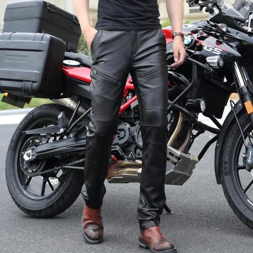 New Genuine Leather Pants Men Real Sheepskin Motorcycle Biker Male Trousers Spring Autumn Winter Thick Warm Black Straight Pants