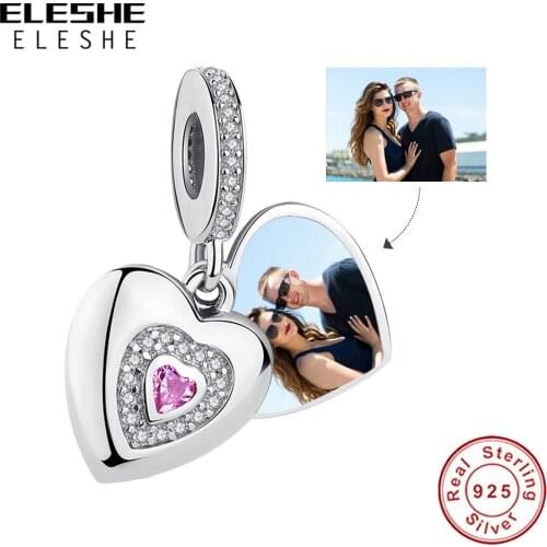 ELESHE 925 Sterling Silver Heart Pendant Charm Fit Original Bracelet Necklace Custom Photo Beads Personalized DIY Jewelry Gift