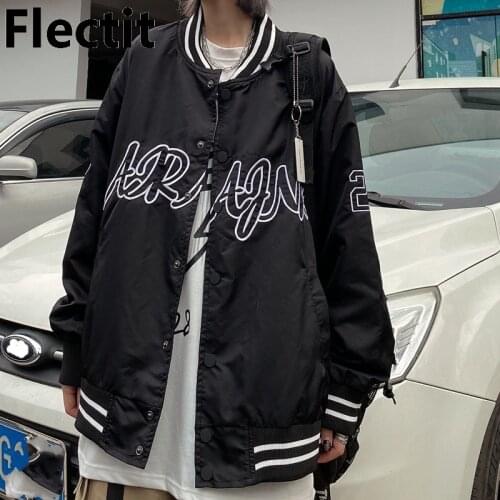 Flectit Women Bomber Jacket Satin Snap Button Ribbed Trim Embroidered Letter Oversized Varsity Jacket Coat Female e-girl Outfit