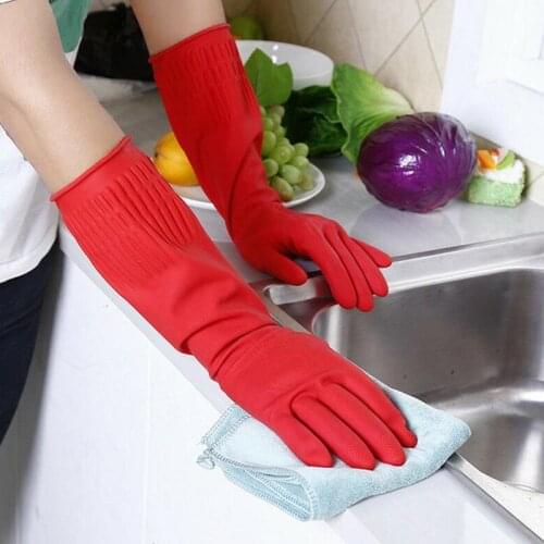 Red Gloves Washing Dishes Cleaning Waterproof Rubber Sleeve Gloves Latex Long Gloves Kitchen Tool