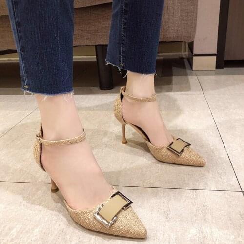 LLOGAI Rimocy Women Pointed Toe Party High Heels Pumps Shoes Fashion Metal Buckle Office Shoes Woman Ankle Strap Zapatilla Mujer