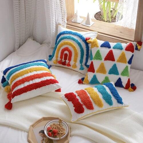Rainbow Handmade Embroidery Pillow Cover Home Deco Morocco Cushion Cover Geometric Pillow Case Pillow Sham 30x50cm/45x45cm