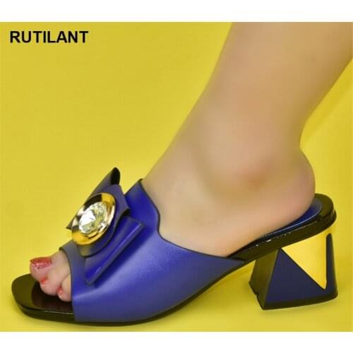 Newly launched royal blue single shoes for ladies with rhinestones Nigerian womens mid-high heels suitable for parties