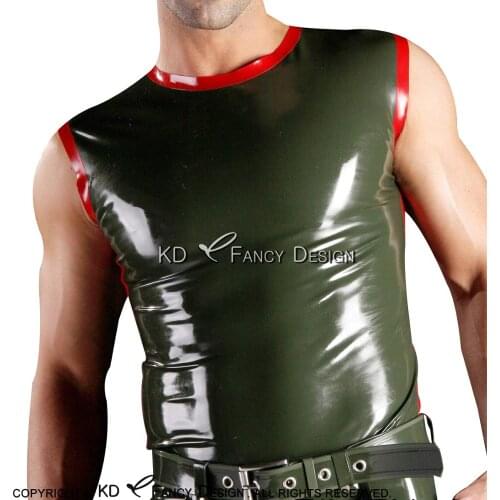 Oliver Green And Red Trims Sexy Latex Shirt Sleeveless Round Collar Rubber Top Clothes Clothing YF-0153