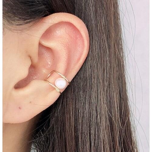 Domino Handmade Simple Cute White Pearl Clip Earrings Non Pierced Ear Cuff Wire Wrapping gift for women in Fashion