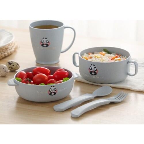 Wheat Straw Cartoon Panda Cute Children Bowl and Cup 5pcs Set Double Ear Bowl Baby Food Eating Bowl Anti Falling Baby Tableware