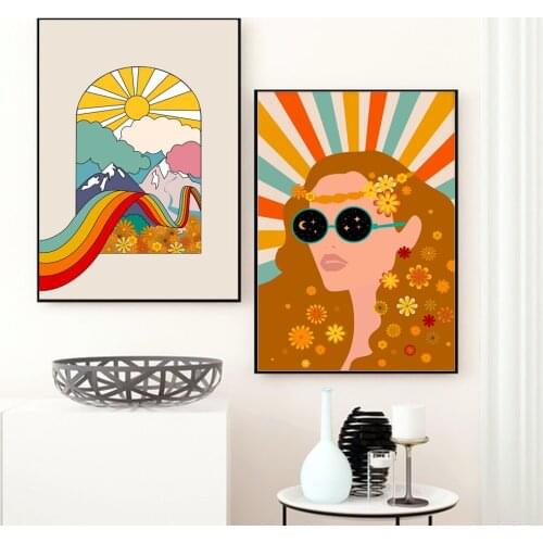 Rainbow Posters Canvas Painting Psychedelic 70s Print Retro Bohemian Wall Art Picture Vintage Home Decoration