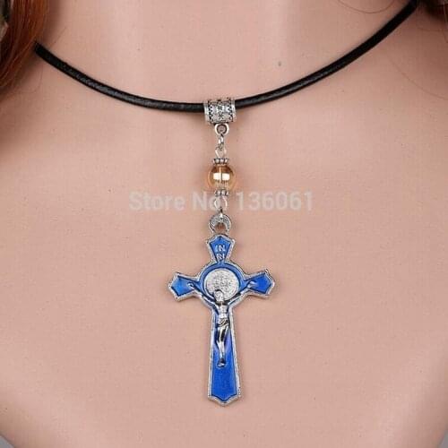 Retro Enamel Jesus Cross Necklace Saint Benedict Medal Pendant Necklace Jewelry for Men Women Statement Leather Necklace Gift