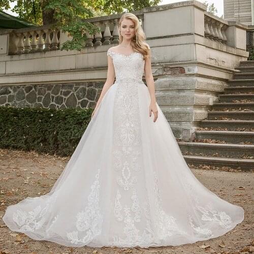 Luxury Detachable Train A-line Tulle Wedding Dress Scoop Off-the-shoulder Lace Applique Bridalg Gowns