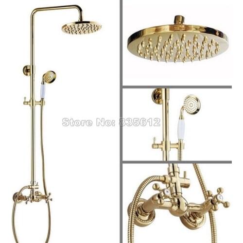 Luxury Gold Color Brass Wall Mounted Rain Shower Faucet Set / Bathroom Dual Handles Mixer Tap + 8 inch Round Shower Head Wgf332