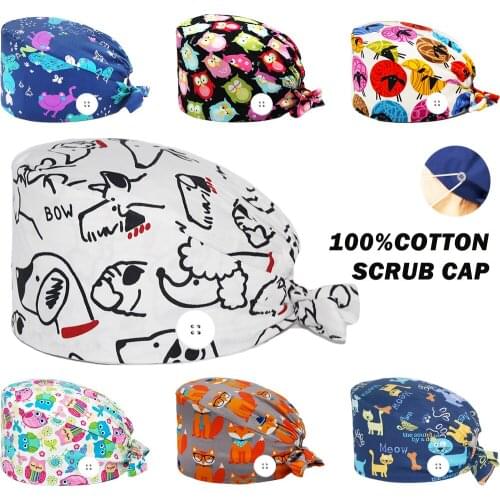 Unisex Surgicals Cap Adjustable Pure Cotton Anime Printing Tie Back Working Nursing Hat Beautician Scrubs Caps Nurse Accessories