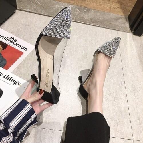 New Fashion Transparent Rhinestone Pointed Toe High-heeled Shoes Wedding Shoes Female Pumps Dress Shoes