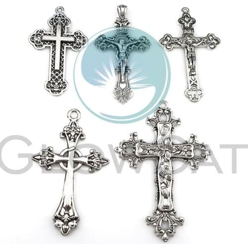Vintage Jesus Cross Charms Flower Cross Pendants DIY Jewelry Accessories Religious Charm Crafts Handmade 5pcs 22398