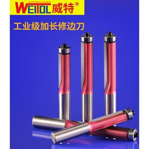 Weitol 2pcs 1/2 inch CNC woodworking cutting tools two flutes engraving bit Lengthen flush trim router bit with bearing for wood
