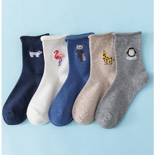 Japanese Cartoon Harajuku Animal Socks Women Wild Flamingo Curled Cotton Stockings Penguin Giraffe Cute Girl Sports Ankle Socks