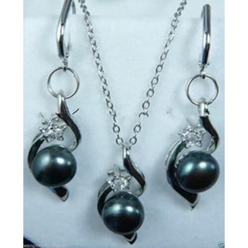 Mujer Nobility Lucky WomenBlack Akoya Cultured pearl Earrings Pendant Necklace Set AAA Grade Grade hook Fine moda