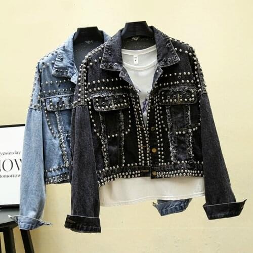 Hand Studded Rivet Denim Jacket Women Long Sleeve Short Jackets Ladies Casual Loose Denim Coats Women Short Jackets Streetwear