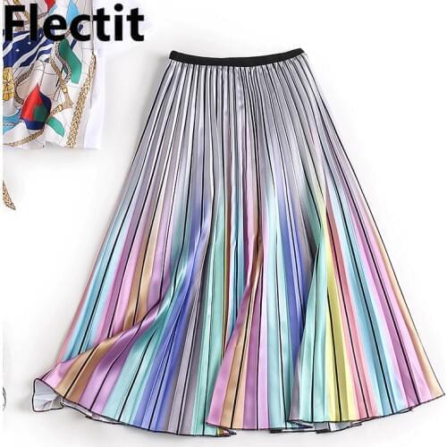 Flectit 2020 Harajuku Metallic Silver Multicolor Rainbow Stripe Printed Skirt Elastic Waist Pleated Skirt For Women Young Girl